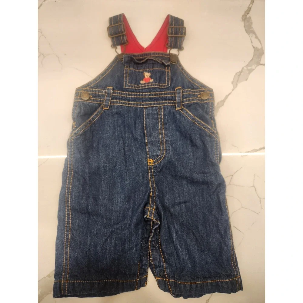 Kitestrings By Hartstrings Blue Denim Overalls Teddy Bear Embroidery 0-3 Months